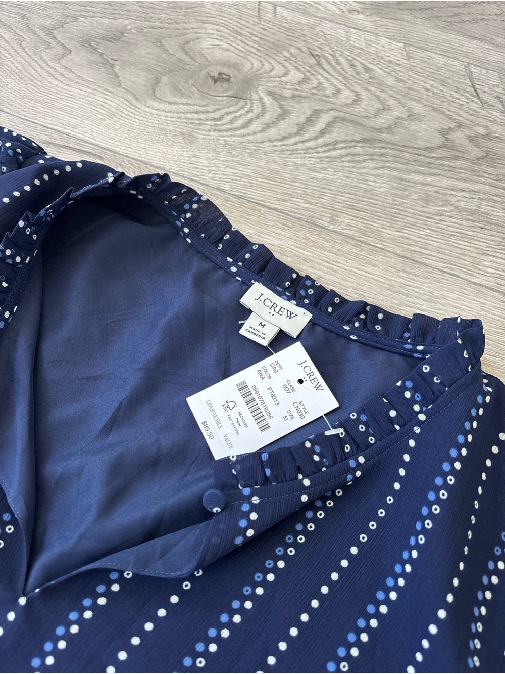 NWT J. Crew Navy Blouse with White & Light Blue Dot Stripes | Women’s Size M